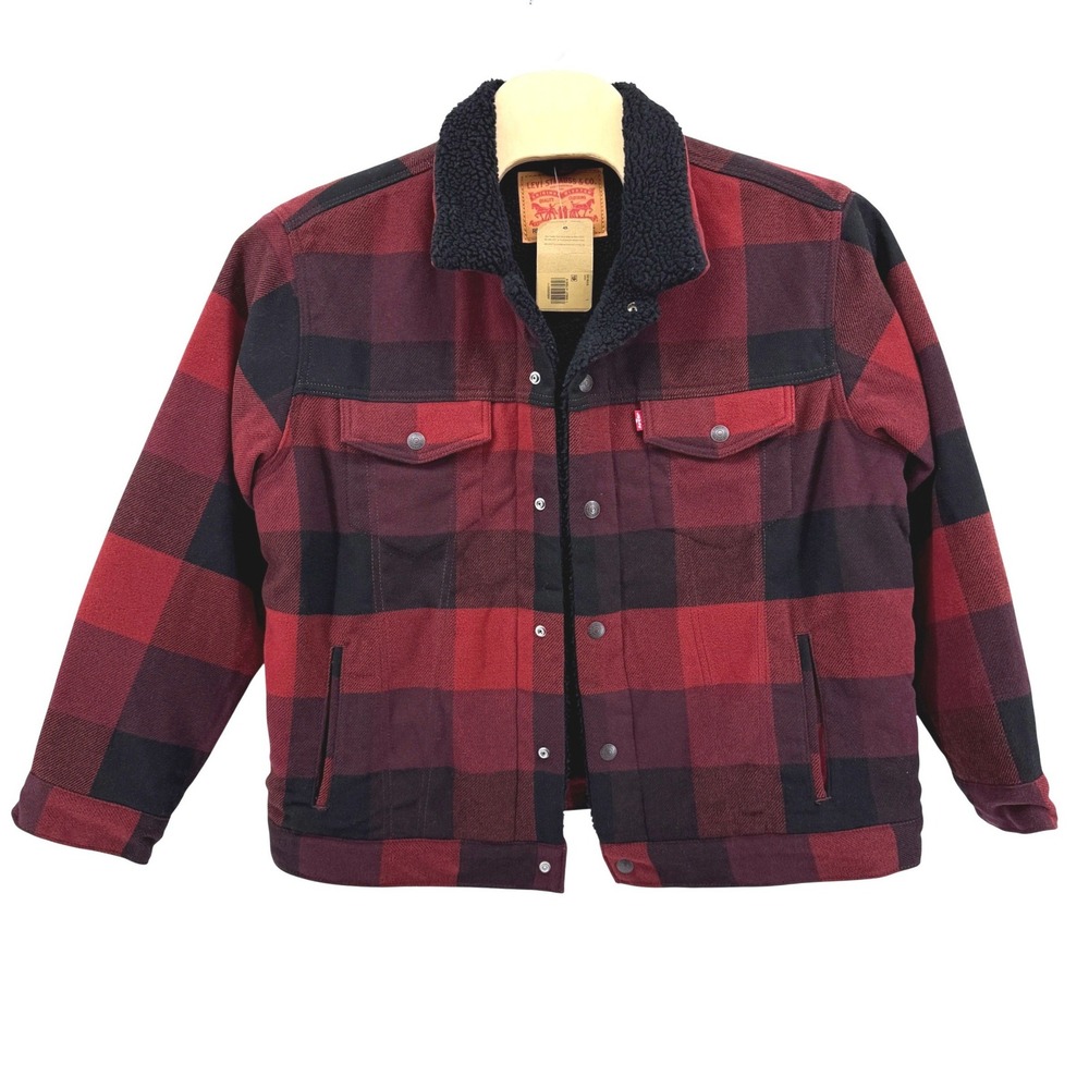 NEW Levis Trucker Jacket Mens Large Relaxed Red Black Buffalo Plaid Sherpa Lined